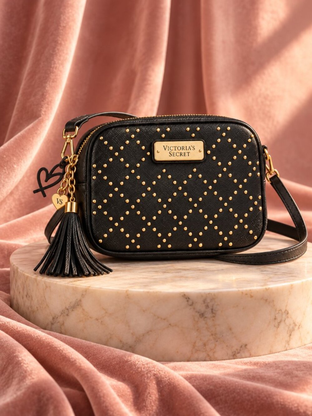 Victoria’s Secret Black Gold Studded Camera Crossbody Bag Heart Tassel